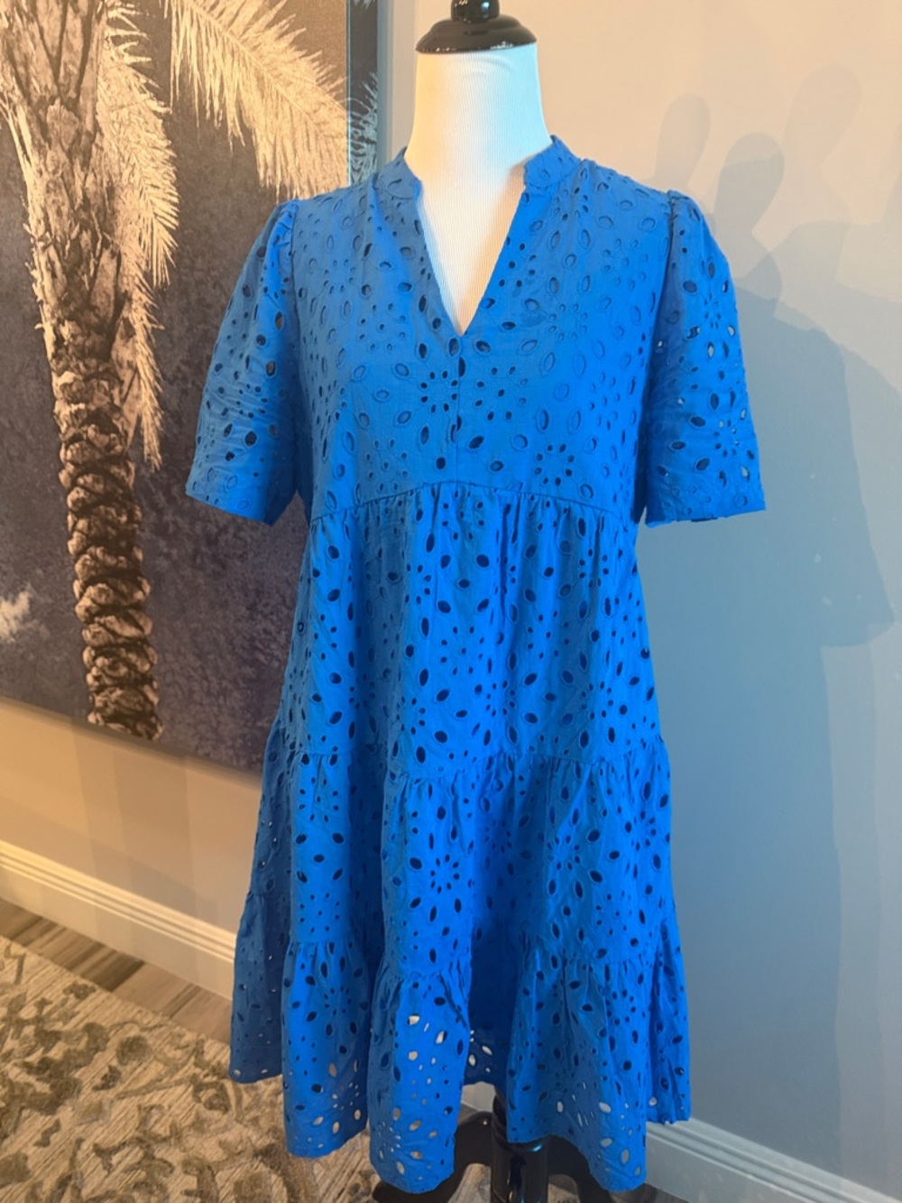 Blue Eyelet Tiered V-Neck Women's Dress